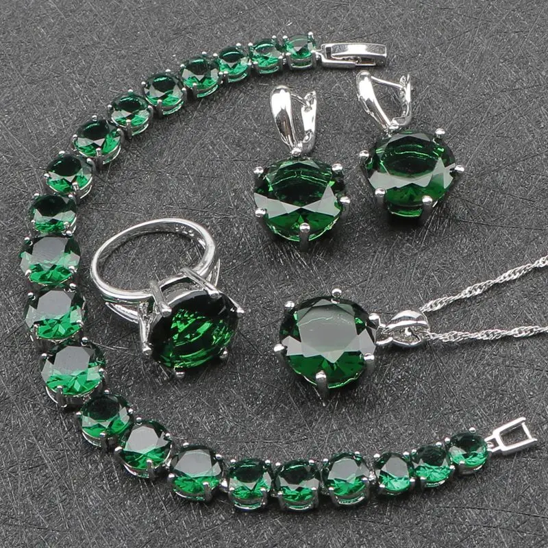 Women Green Zircon Costume Silver 925 Jewelry Sets Earrings With Stones