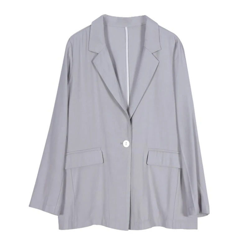 

PERHAPS U gray beige solid notch collar long sleeve single button pocket loose office lady casual Thin section blazer C0107