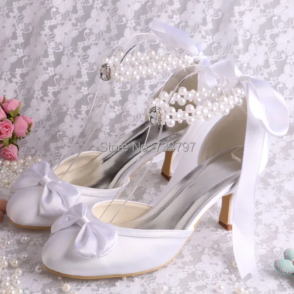 

(20 Colors)Custom Handmade White Pearl Strap Heels 6.5CM Closed Toe Wedding Shoes