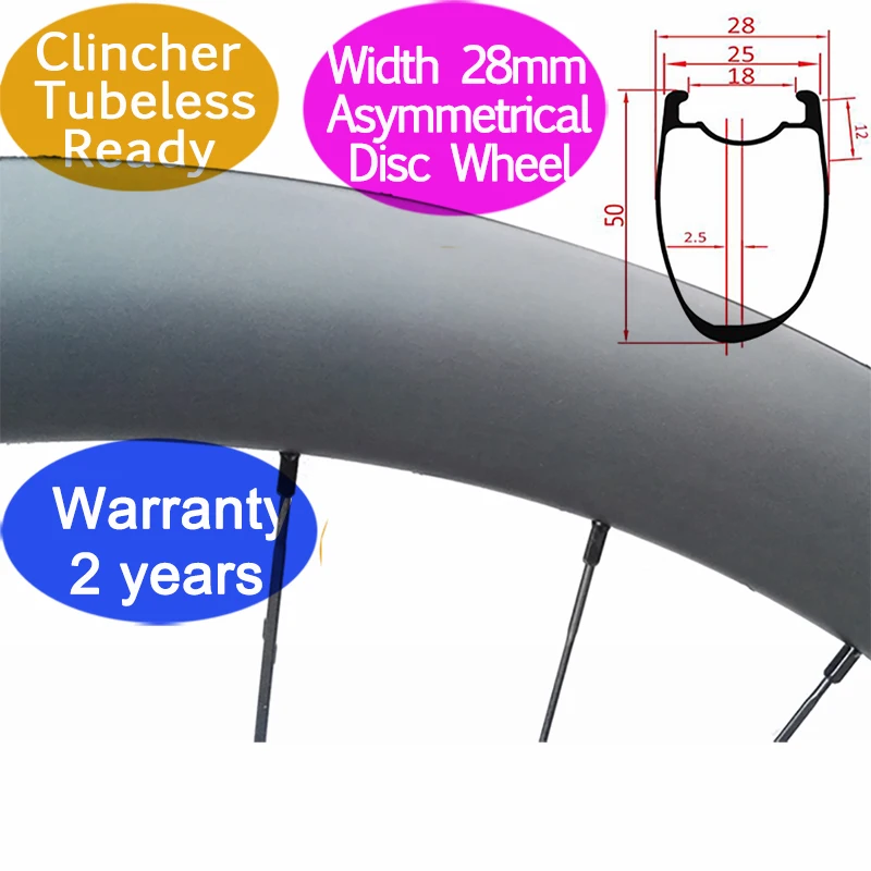 

Width 28mm carbon road bike wheels disc center lock or 6 Bolt wheel 50mm asymmetrical TLR clincher tubuless thru 12*100 12*148