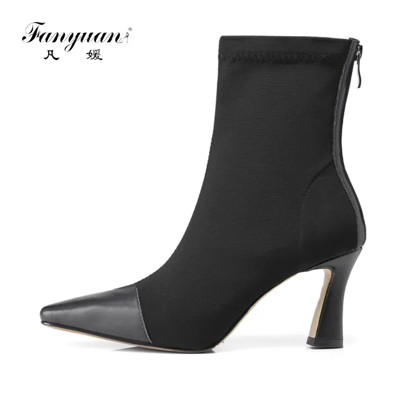 

Fanyuan Spring Autumn Genuine Leather Women Boots Fashion Mixed Color Front Zip Ankle Boots Elegant Pointed Toe High Heels Shoes