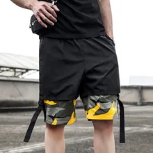 Мужские летние камуфляжные Лоскутные ленты уличные хип-хоп панк Шорты мужские поддельные два шт повседневные короткие брюки плюс размер 5XL