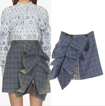 

2018 autumn new temperament European and American plaid zipper ruffled skirt Lap top Slim fashion casual skirt
