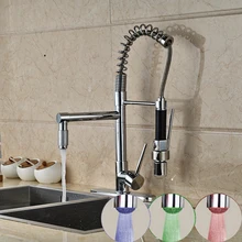 Deck Mounted Modern LED Spring Chrome Kitchen Faucet Dual Spouts Sink Mixer Tap 3 Color Changing