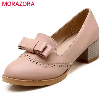

MORAZORA Big size 34-43 2020 women pumps bowtie med heels thick high heels dress shoes female fashion sweet party shoes woman