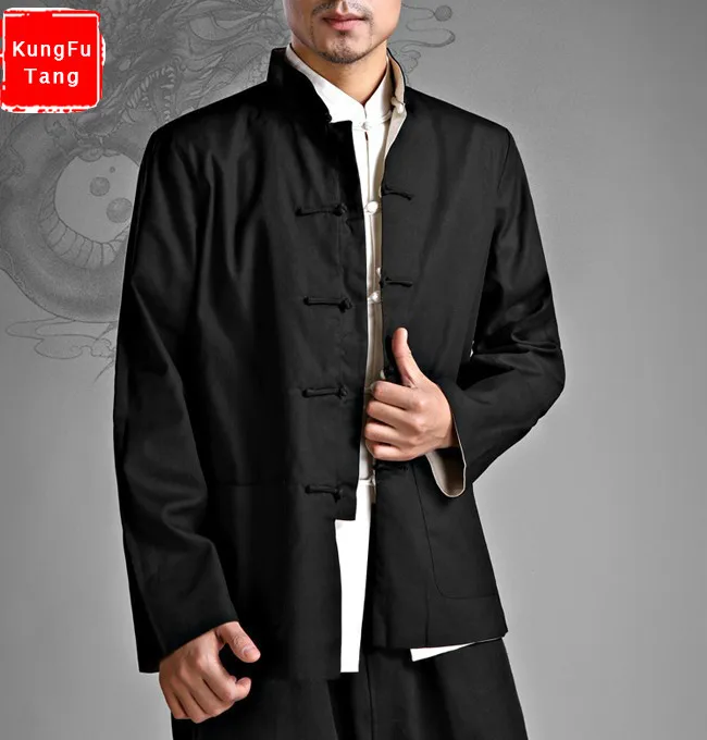 

KungFuTang Black Wing Chun Both Sides Wear Jacket Martial Arts Uniform Kung Fu tops Long Linen Shirt clothing tang suits coat