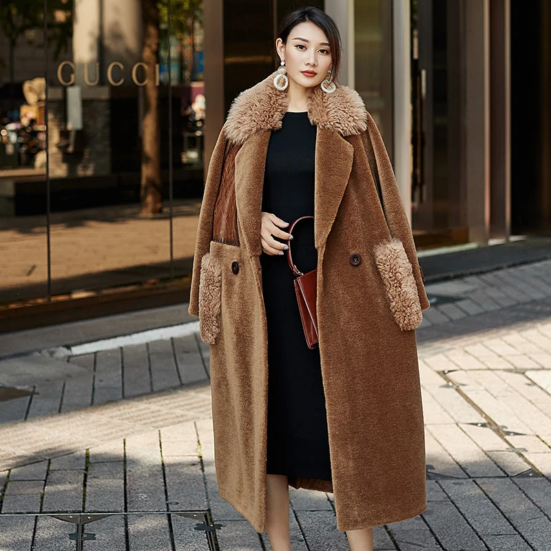 

New Autumn Winter Coat Women European Real Fur Coat 100% Wool Jacket Vintage Sheep Shearling Fur Tops Long Coats Z882