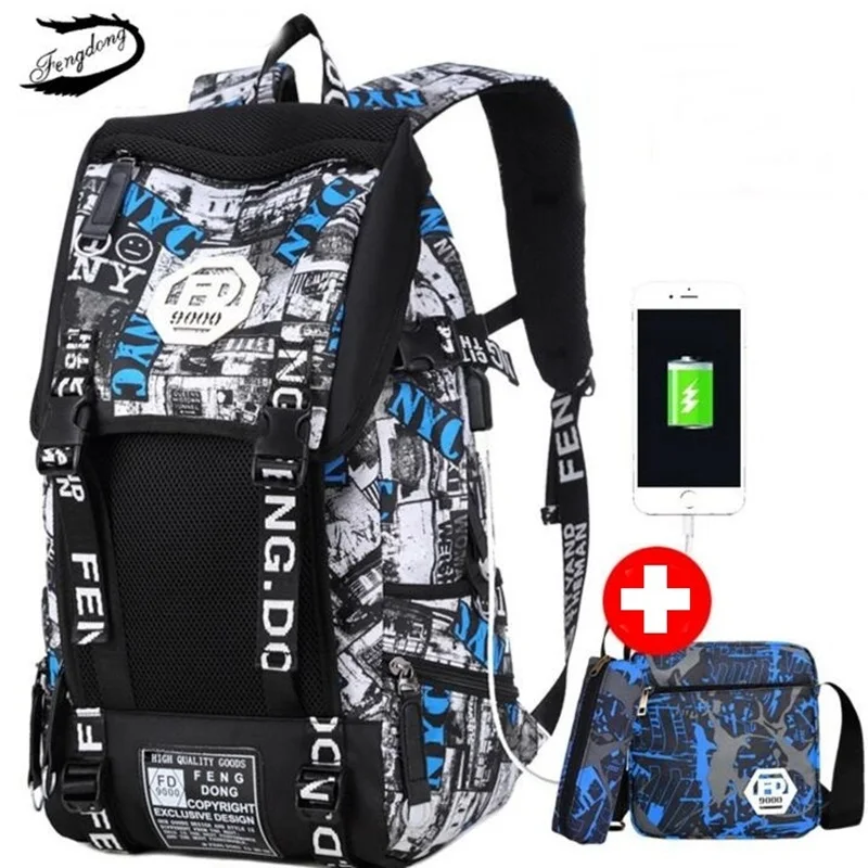 Fengdong Men USB Backpack School Bag For College Students Male Casual