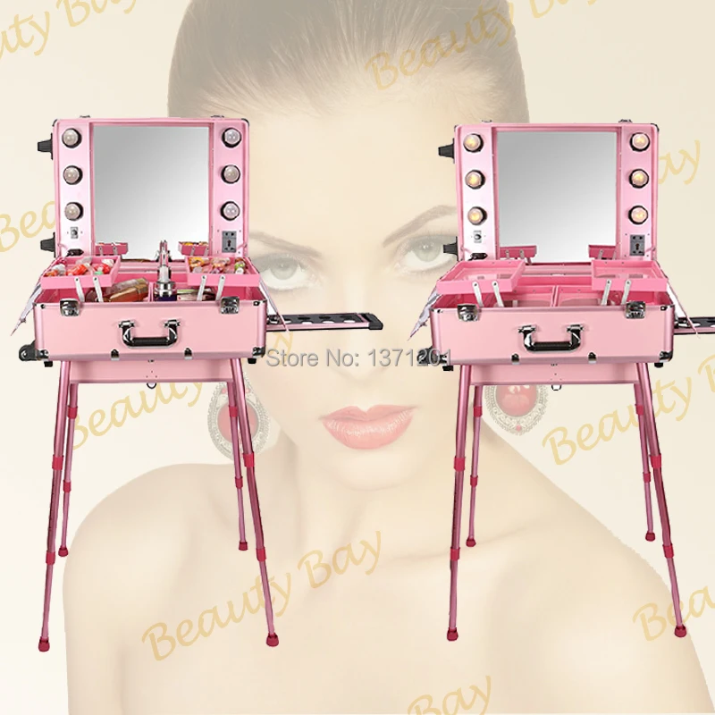 Beautiful Pink color Aluminum makeup station with light bulb, mirror