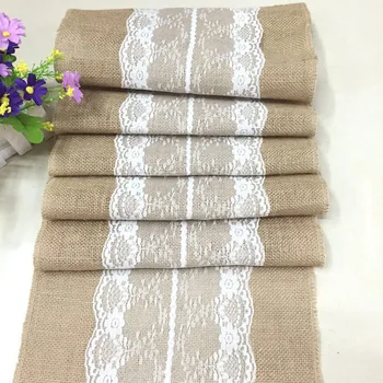 

Hot Sale Vintage Natural Burlap Jute Linen Table Runner Lace Cloth For Dinning Room Restaurant Table Gadget Home Decor