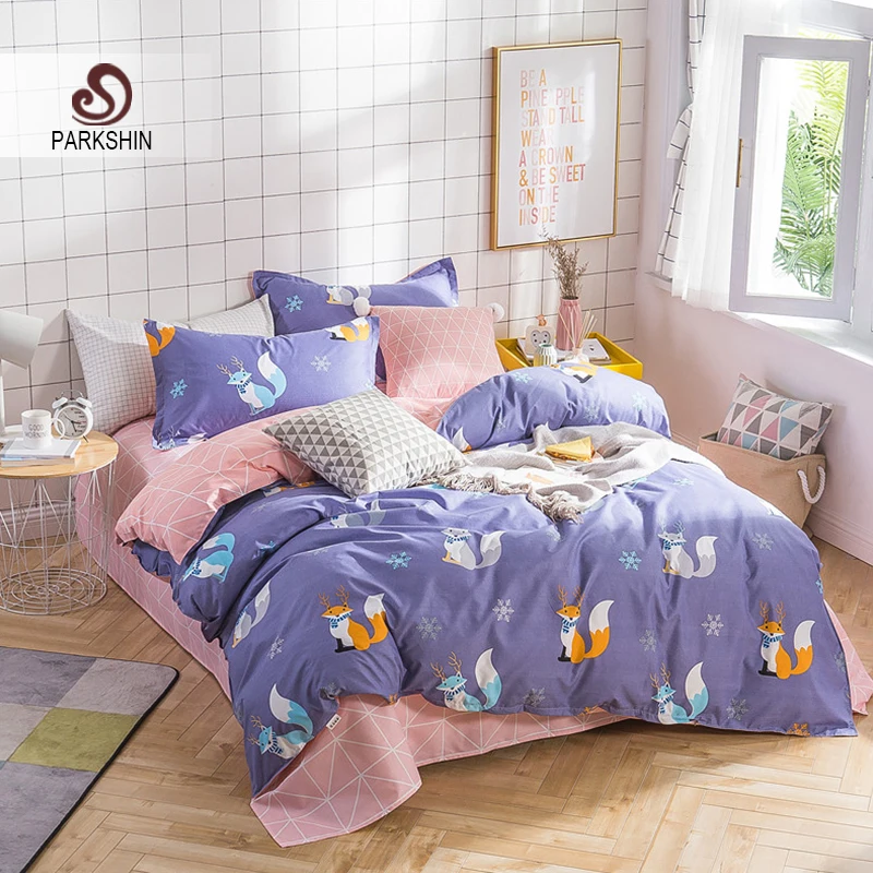 Parkshin Bedding Set Cute Fox Comforter Duvet Cover Sheets Elastic