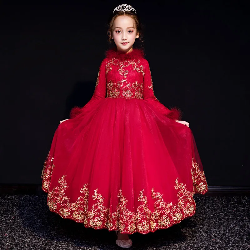 

High-Quality Children Girls Autumn Winter Embroidery Lace Birthday Wedding Party Prom Dress Baby Kids Piano Tutu Costume Dress