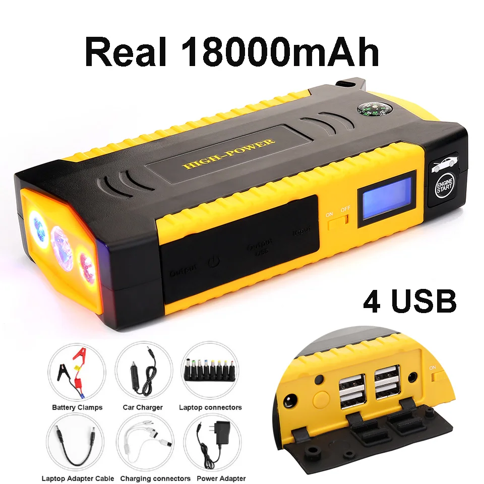 Universal Jump Starter Real 18000mAh Emergency Power Bank 12V 4USB 600A Car Battery Jump Starter Booster Vehicle Starting Device