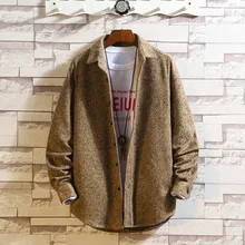 Осенняя одежда шерстяная Однотонная рубашка с длинными рукавами Мужская молодежная Свободная куртка для отдыха camisa, плотная рубашка в китайском стиле