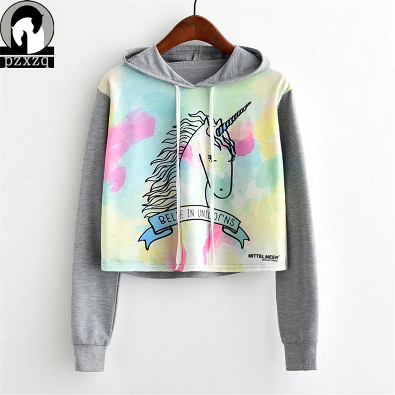 

2019 Fsdhion Spring Spring Cartoon Unicorn Harajuku Print Short Pullover 15 Colors Silm Women Hoodies Sweatshirts Female Casual