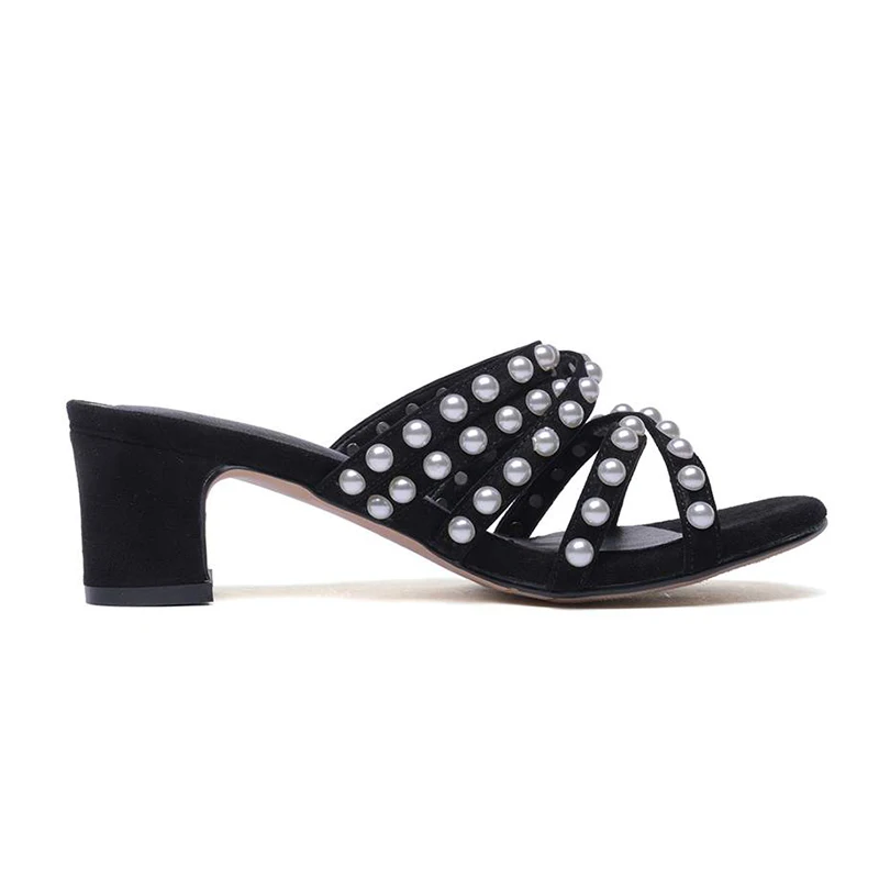 La Verano Gruesas Ovejas Exterior Peep En Tacón El Deslizador Mulas Pot Superestrella Toe L06 Alto Tachonado Sandalias Suede Arte De Negro Perla Krazing 7ngqH6x