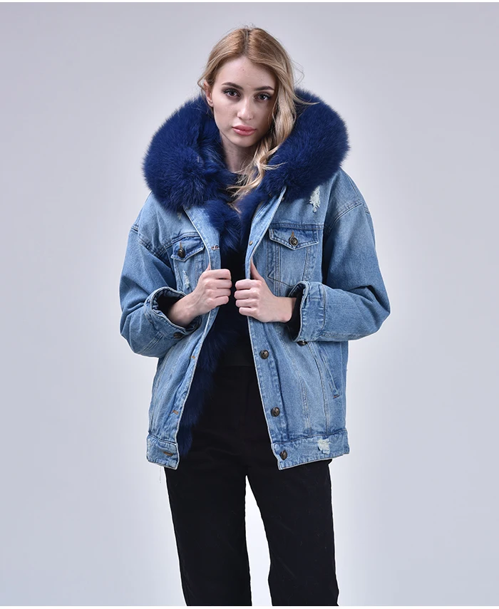 Women Denim Jacket With Fur hood Women Autumn Winter Denim Jacket Warm Upset Jacket Vintage Long Sleeve Loose Jeans Coat Outwear