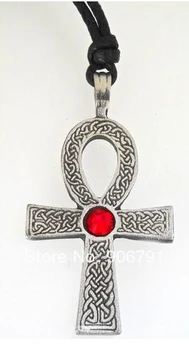 

30pcs a lot antique silver plated religious ankh cross with brilliant red crystal pendant necklace jewelry