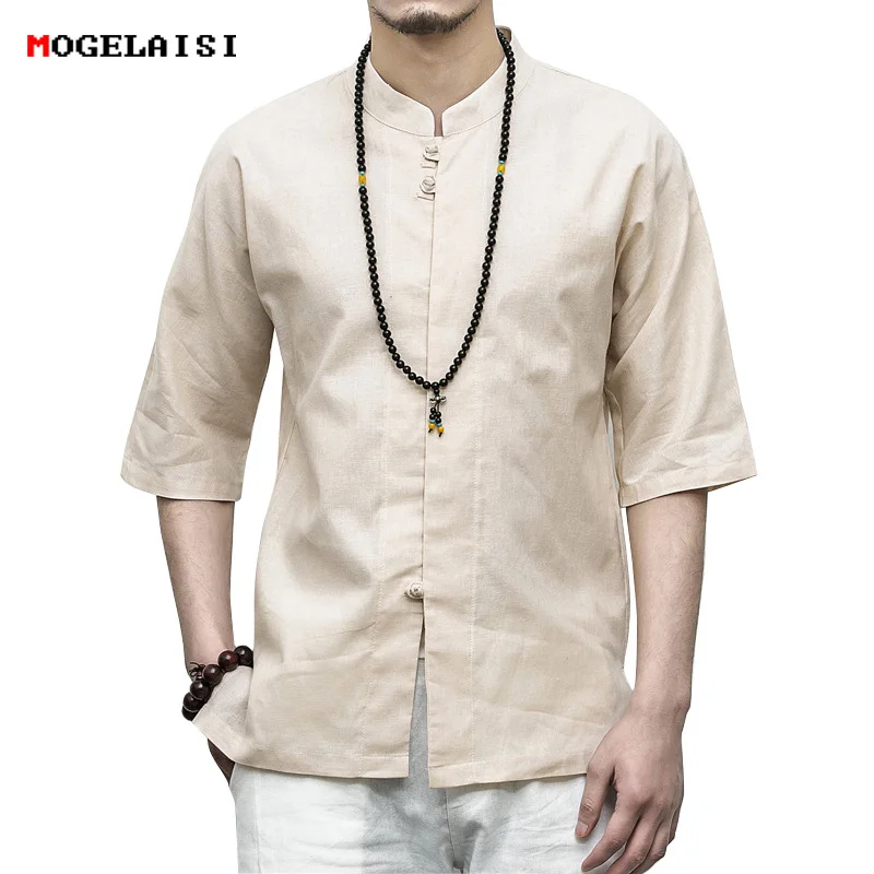 Flax Shirt Men Shirts Three Quarter Sleeve 2018 Summer 3/4 Linen Shirt