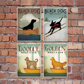 

Abstract Painting on Canvas Black Dog Skiing Yellow Dog Wall Art Doodle Boat Wall Pictures for Living Room Cuadros Decoracion
