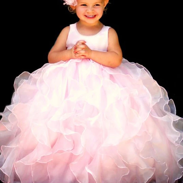 Cheap Custom Make Little Party Dresses Ruffle Organza Pink Crew Neckline Ruffle Little Girls Dresses Little Flower Girls' Dresses