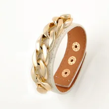 fashion Stylish Gold Chain Link Pale Pink Leather Band Snap Fashion Bangle BraceletT371