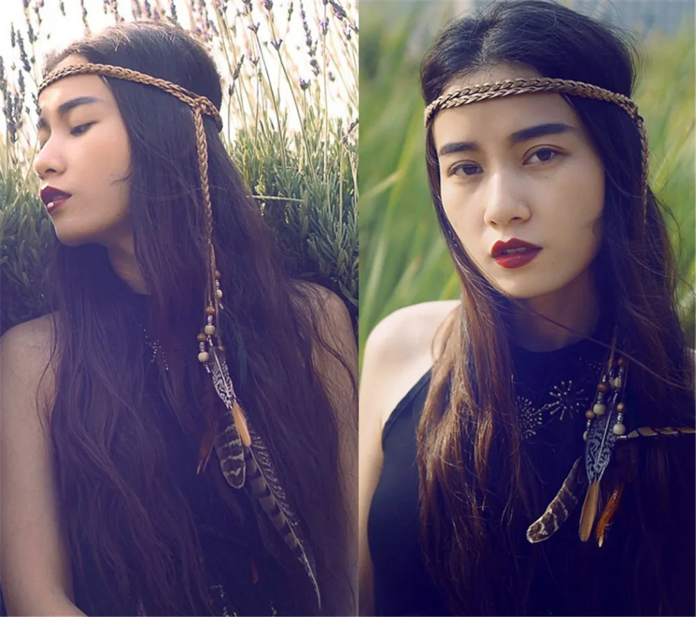 Lady Boho Indian Feather Headband Hippie Hairband Tribal Hair Rope Headpiece 