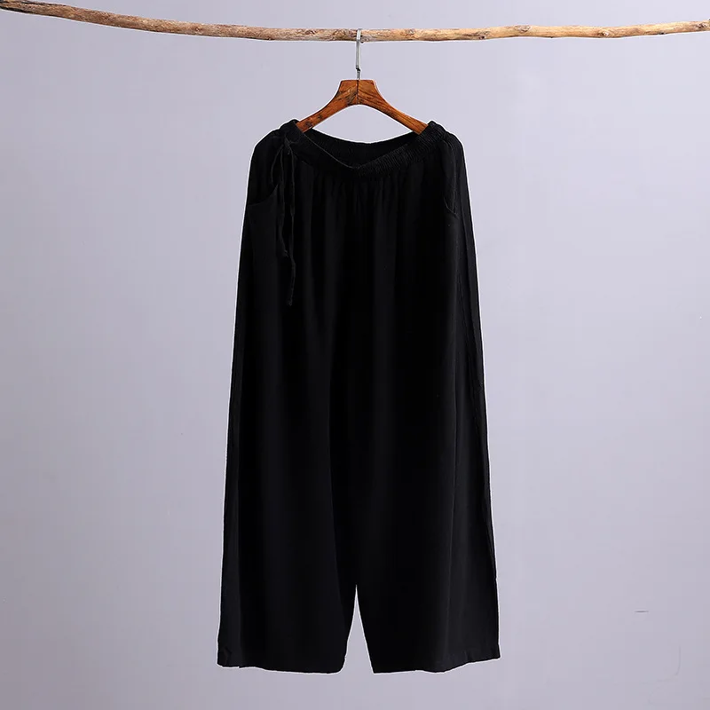 ORIGOODS льняные широкие брюки больших размеров женские однотонные черные белые длинные штаны Свободные повседневные осенние льняные широкие брюки C191 - Цвет: Черный