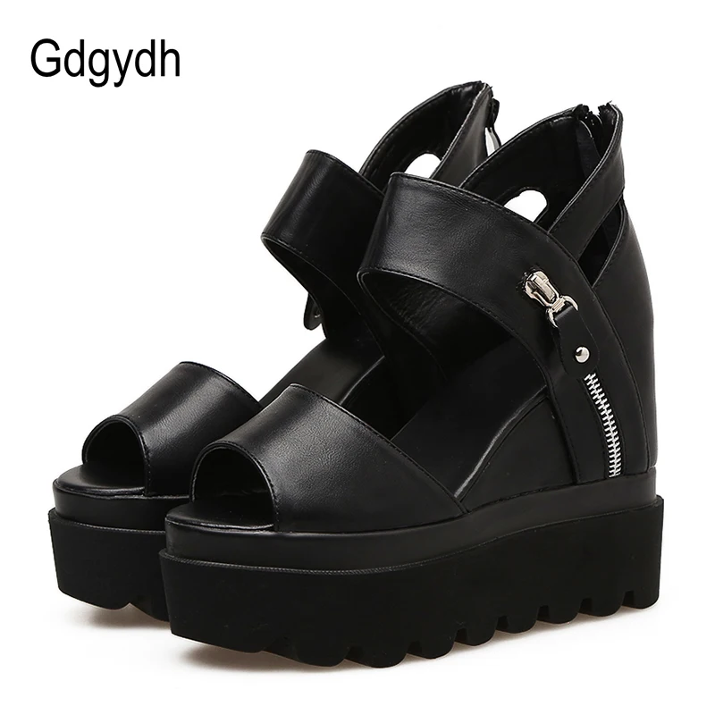 

Gdgydh Promotion Wedges Sandals Women Summer Shoes Platform Black High Heels 2018 New Fashion Zipper Ladies Party Shoes Hot Sale