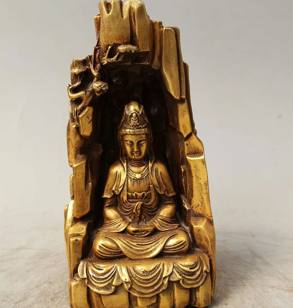 

9" Chinese Bronze Gild Seat Kwan-yin Guan Yin Boddhisattva Mountain Statue Sculp