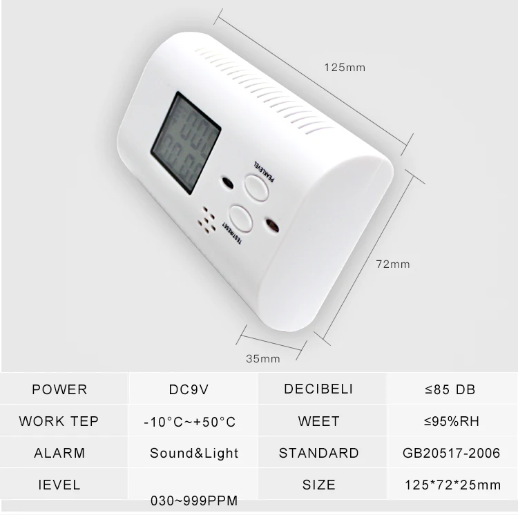 CO газовый датчик, детектор работает один встроенный 85 дБ сирена звук независимая угарная окись Предупреждение тревоги Детектор lcd