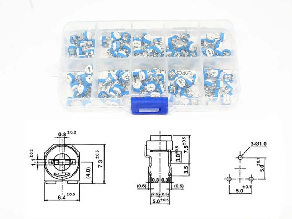 100PCS//Box RM065 10 Value Carbon Film Horizontal Trimpot Potentiometer Kit