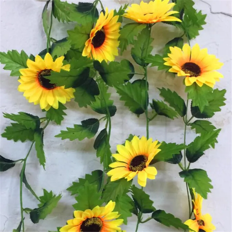 50Pcs Artificial Sunflower Vines Simulation Yellow Sunflower Vine 8 Flower Heads 220cm Long for