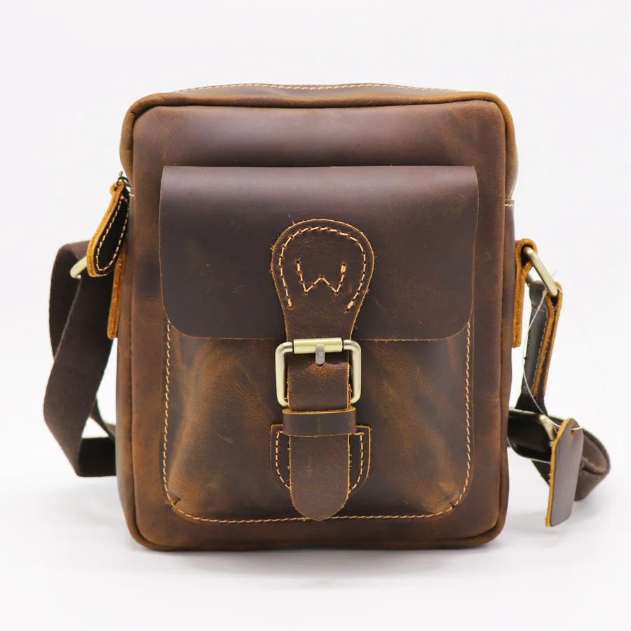 

Brand Genuine Crazy Horse Leather Casual Zipper Cross Body Shoulder Bag Men's Small Messenger Bags 7' Cell Phone Wallet Case