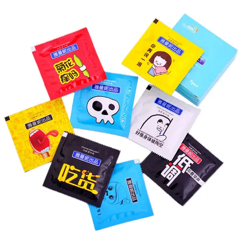 

Cartoon Condom Shape Wet Wipes Tissue Individually Wrapped Aloe Essence Portable