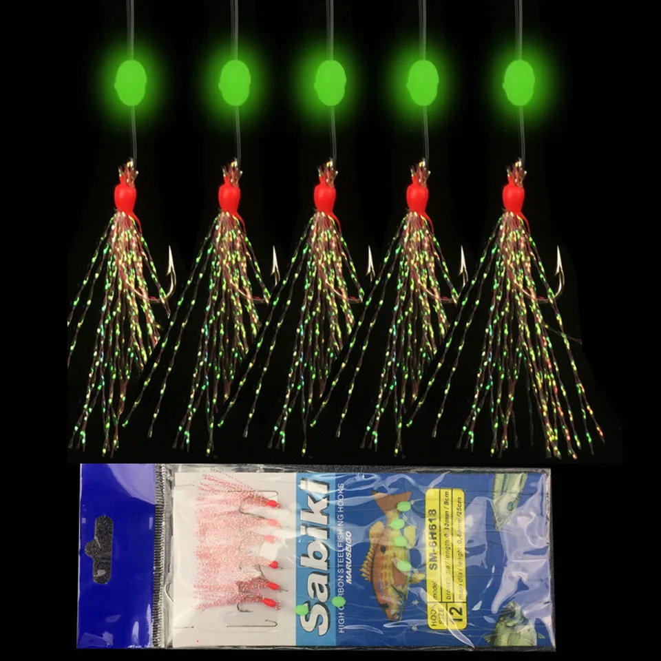 

6PCS/Set Long Wire Lure Bait Sea luminous Fishing Lures Line String Tackle Accessory Spinner Carbon Steel Fishhooks