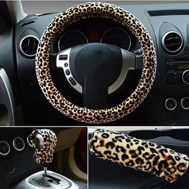 38cm leopard steering wheel cover in winter plush gear brake sets three-piece sets Beige White Red 38cm leopard steering wheel cover in winter plush gear brake sets three-piece sets Beige White Red
