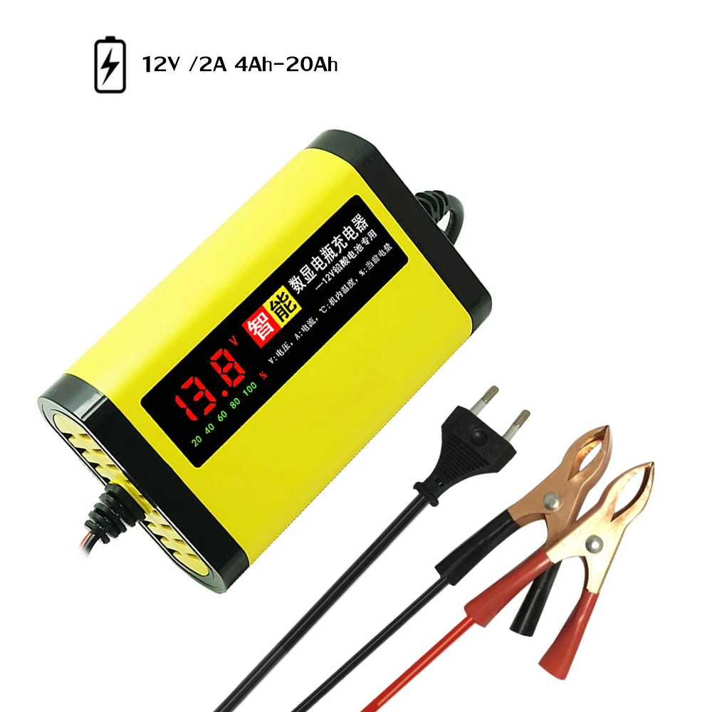 

Smart Car Motorcycle Battery Charger 12V 2A Full Automatic 3 Stages Lead Acid AGM GEL Intelligent LCD Display