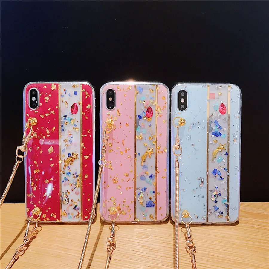 

glitter foil shoulder chain strap tpu case for iphone 7 8 6s 6 plus XR X XS MAX case cover fashion bling clear soft phone bag