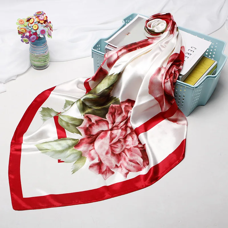 

Fashion Floral Print Hair Scarf For Women Silk Satin Kerchief Hijab Scarfs 90*90cm Square Shawl Headband Scarves For Ladies 2019