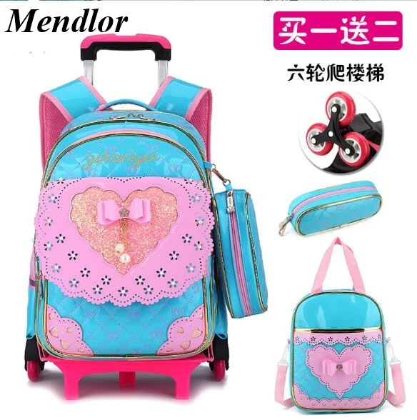 

Cute Bow New Princess Style Girls Trolley School Bag 3PCS/set PU Leather Waterproof Wheeled Backpack Ruffles Removable Backpack