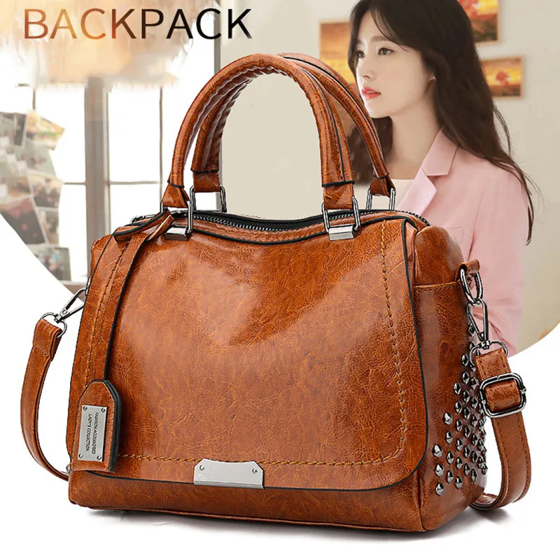 

2019 Fashion Elegant Women PU Leather Rivets Handbag Large Capacity Casual Tote Crossbody Shoulder Bags FC55