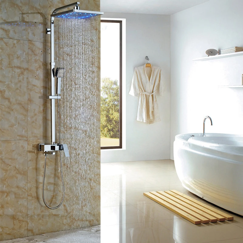 LED Light 3 functions Shower Mixer Valve Wall Mounted Rotating Tub Spout Shower Mixer Faucet Single