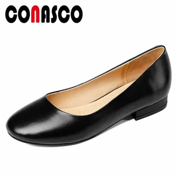 

CONASCO New Women Genuine Leather Shoes Woman Flats Heels Round Toe Working Shoes Female Soft Leather Casual Flats Shoes