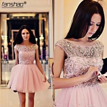 

Pink 2019 Elegant Cocktail Dresses A-line Cap Sleeves Short Mini Tulle Crystals Party Plus Size Homecoming Dresses