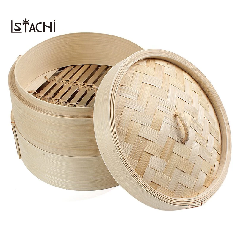 

LSTACHi 2 Tier 8 inch Bamboo Steamer Dim Sum Basket Rice Pasta Cooker Set with Lid