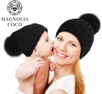 

New Mink And Fox Fur Ball Cap Pom Poms Winter Hat For Women girl 's Hat Knitted Beanies Cap Brand New Thick Parent-Child Cap