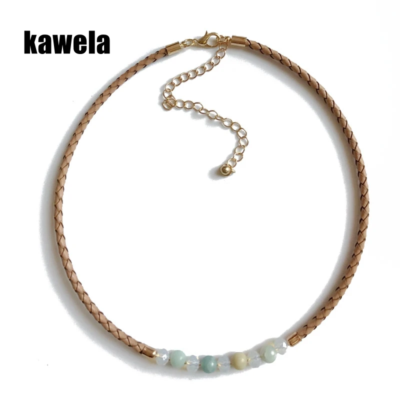 

Free Shipping Light Brown Leather Braided Amazon Stone Choker Necklace
