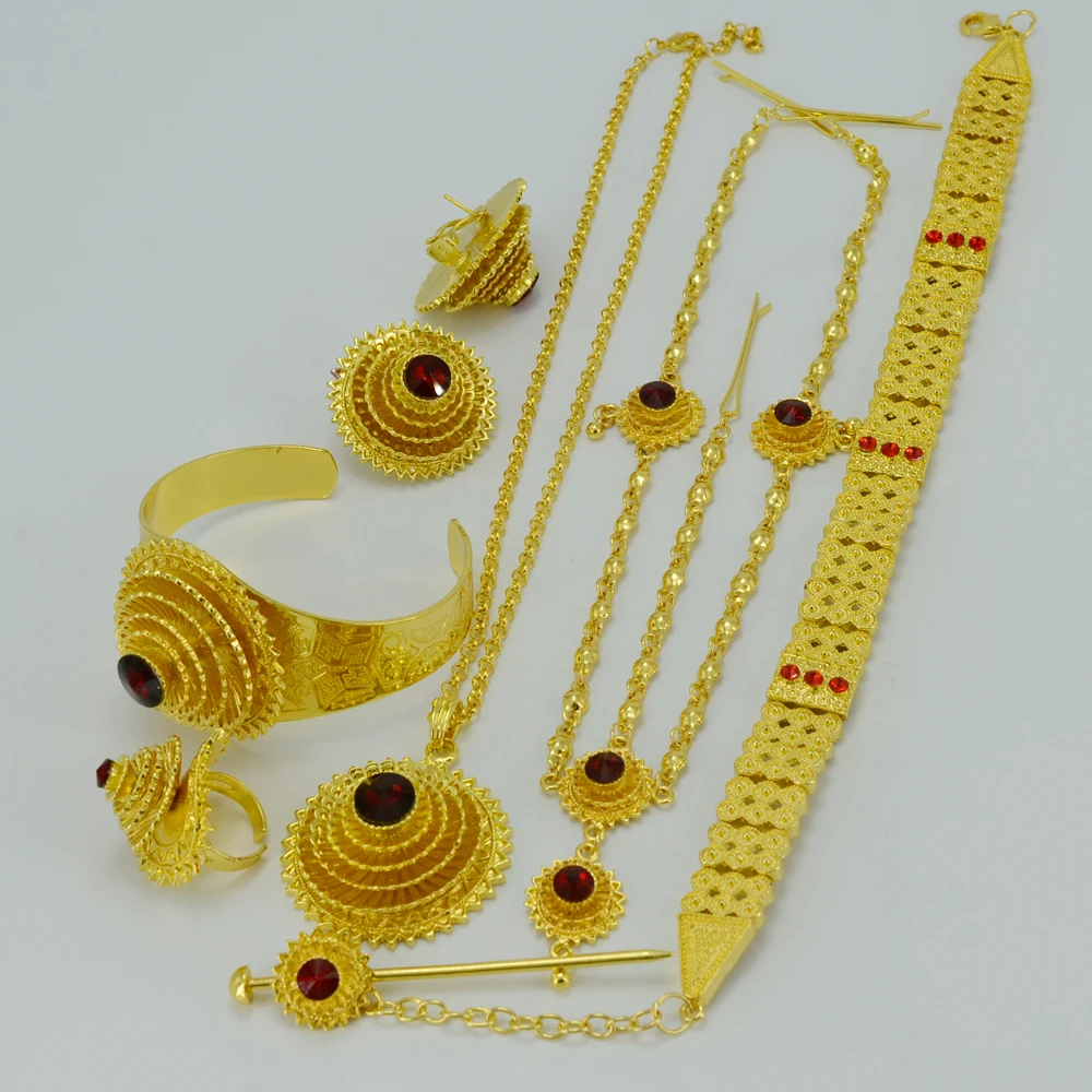 

Necklace Forehead Chain Earrings Bangle Hairpin Ring Habesha Ethiopian Necklace Chokers Wedding Jewelry Gifts Sets #J0763