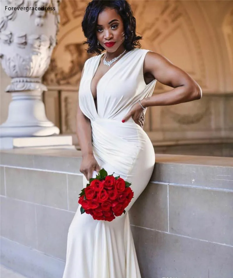 2019 White Mermaid Evening Dresses Formal Arabic Bridal Reception Gowns Deep V Neck Backless Long vestidos de fiesta BC0967  119 (7)